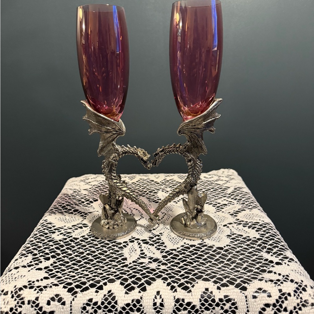 Elegant Dragon Pewter Stem Purple Champagne Flutes